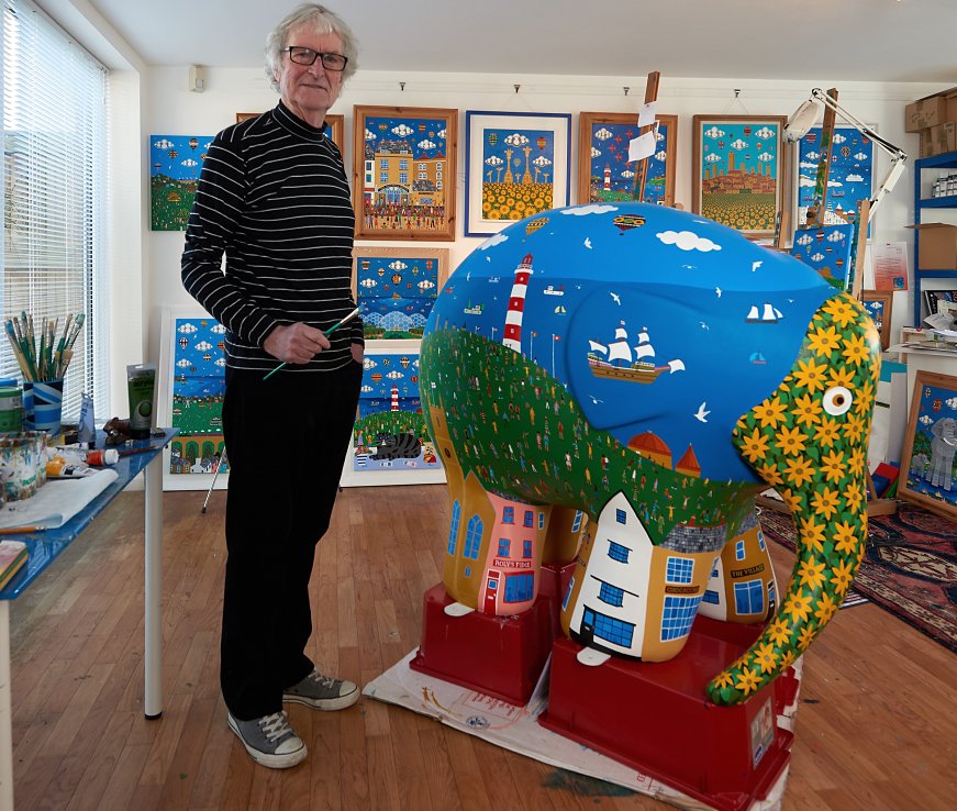 Brian Pollard in his Studio with Elmer the Elephant